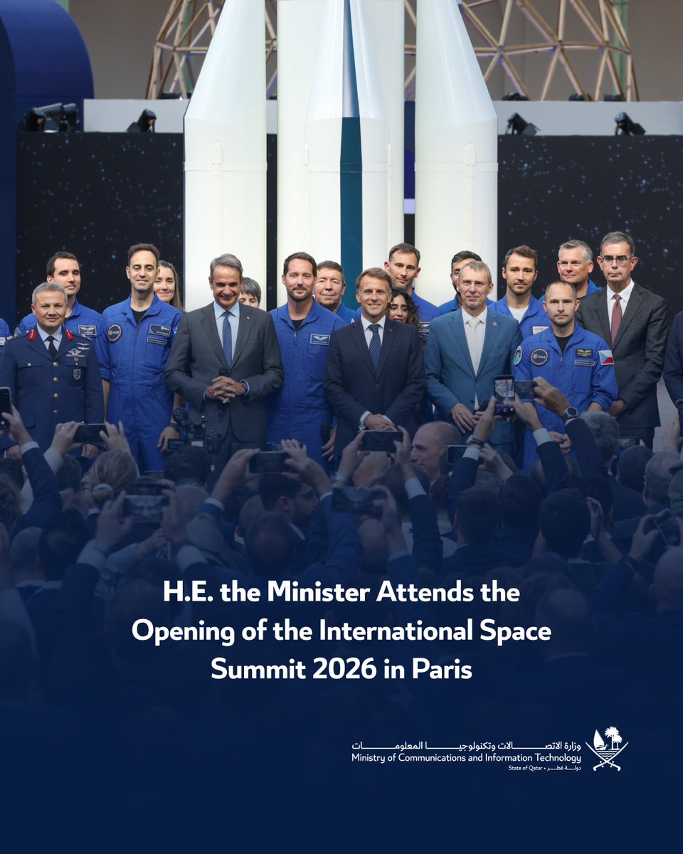 MCITQatar's tweet photo. H.E. Mohammed bin Ali Al Mannai, Minister of Communications and Information Technology, led Qatar’s delegation to the International Space Summit 2026 in Paris, with around 120 delegations discussing the future of the space sector and international cooperation https://t.co/RpNMLAX0Q0
