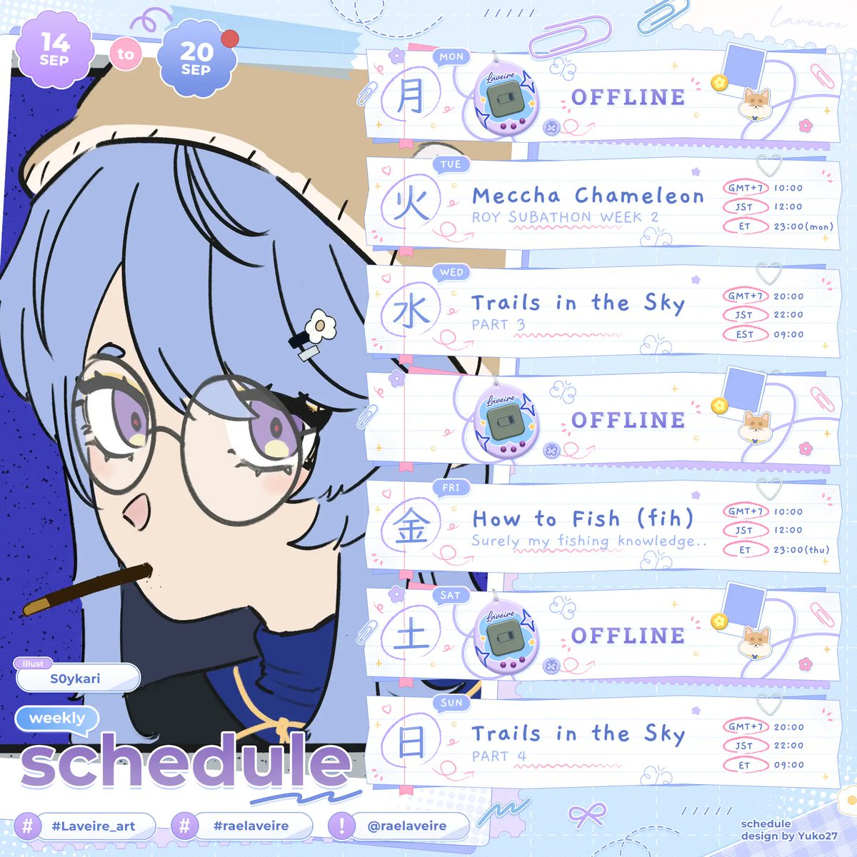 raelaveire's tweet photo. ✦ Weekly Schedule ✦  
🗓️ 14 - 20 September 2026

We have some collabs (roy week!!) and also continuing trails on wed &amp; sunday! I have some stuff to record and draw off stream so we have -1 streams from last week

waiting rooms for yt will be up before tuesday! https://t.co/BqdUALk2bo