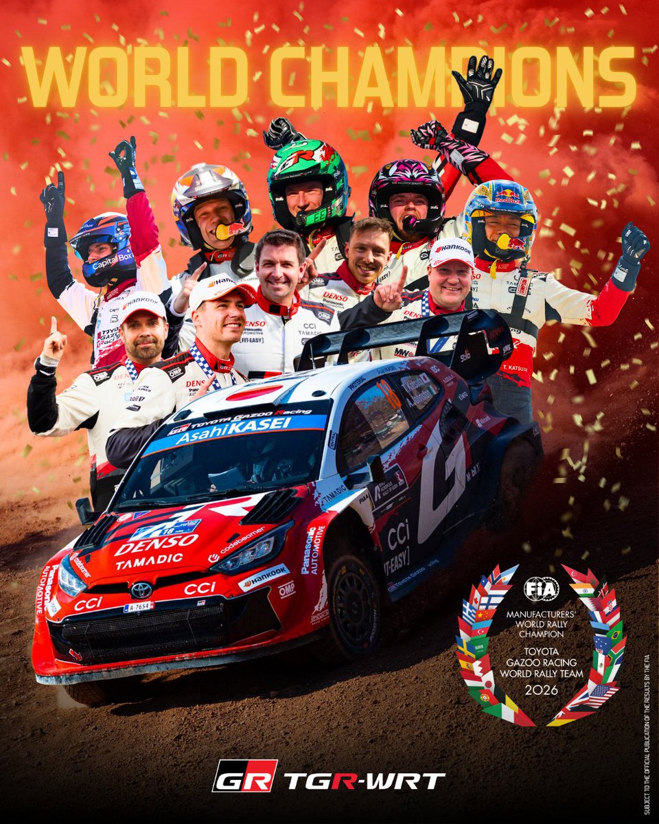 TGR_WRC's tweet photo. MANUFACTURERS' WORLD RALLY CHAMPIONS! 🏆

#ToyotaGAZOORacing #GRYaris #WRC https://t.co/acHN7sKv3f