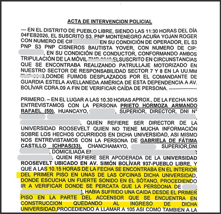 Ojo_Publico's tweet photo. 🚨#Exclusivo La Sunedu aprobó en abril una filial de la Universidad Roosevelt, cuyo accionista es el senador David Jiménez. Dos meses antes, una persona murió al caer por el ducto de un ascensor en construcción. Sunedu no investigó entonces. 🧵
👉https://t.co/oYMi2C7Uv6👈 https://t.co/sSFIJtxRFR