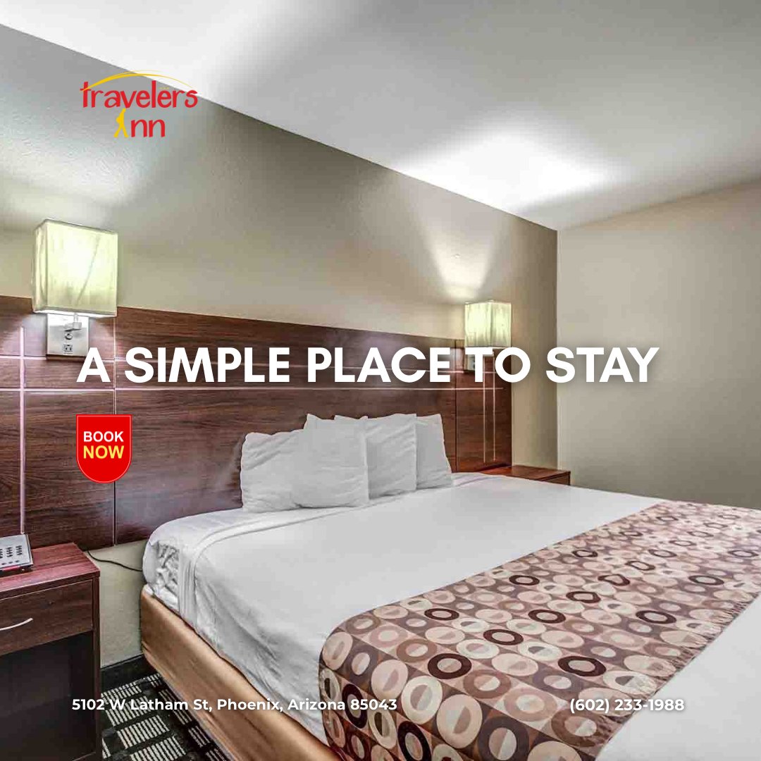 TInnPhoenix's tweet photo. A simple place to stay in Phoenix. 🛏️✨ Rest, recharge, and get back on the road at Travelers Inn Phoenix. #TravelersInn #Phoenix #ArizonaTravel https://t.co/6d1J1q9geb