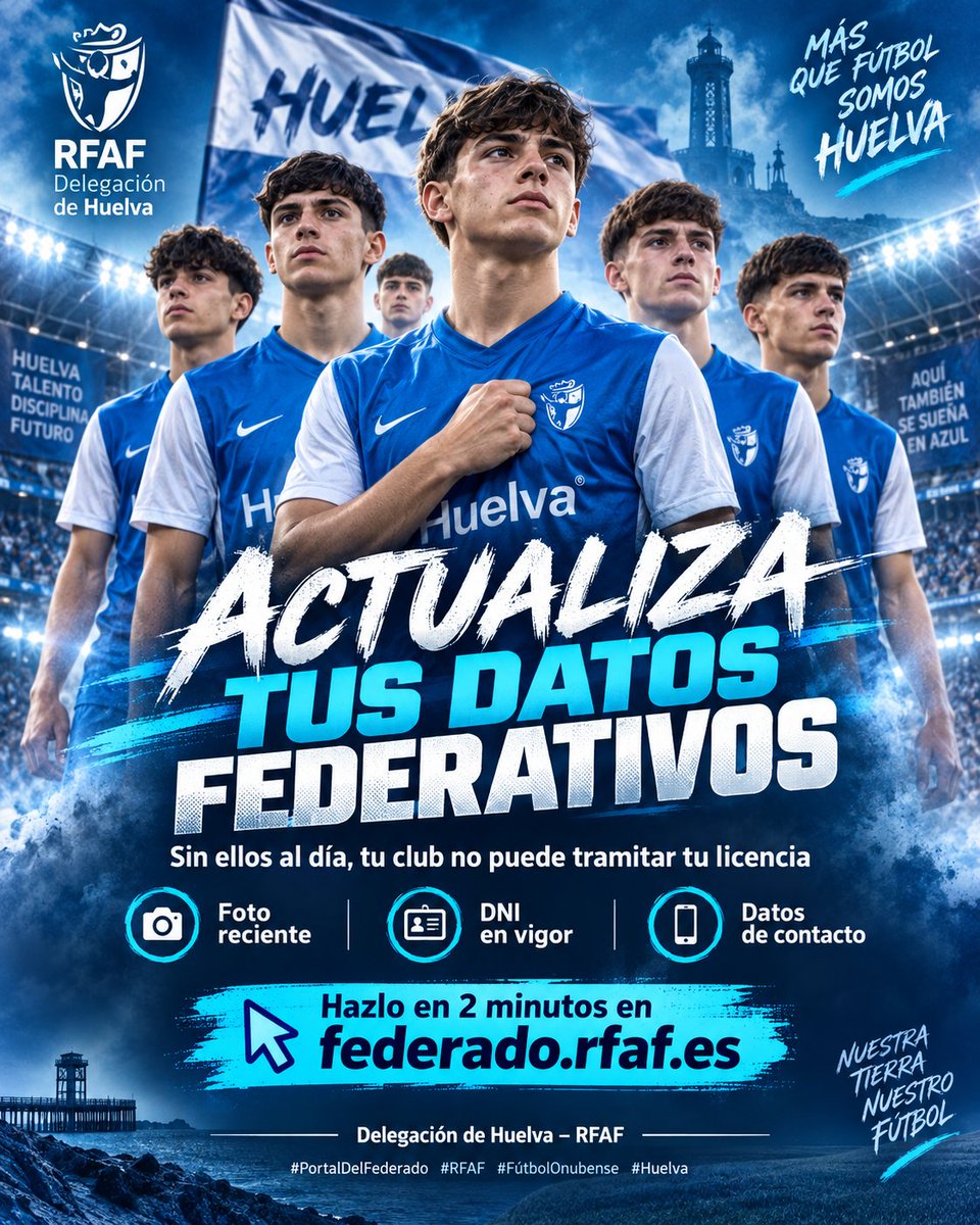 RFAFHuelva's tweet photo. 📲 ACTUALIZA TUS DATOS FEDERATIVOS ✅

Sin ellos al día, tu club no puede tramitar tu licencia.

📸 Foto reciente
🪪 DNI en vigor
📝 Datos de contacto

👉 Hazlo en 2 minutos en https://t.co/nW2RTbSLis

🟢 Delegación de Huelva – RFAF ⚪

 #RFAF #FútbolOnubense #Huelva https://t.co/qLZKFBTyhy