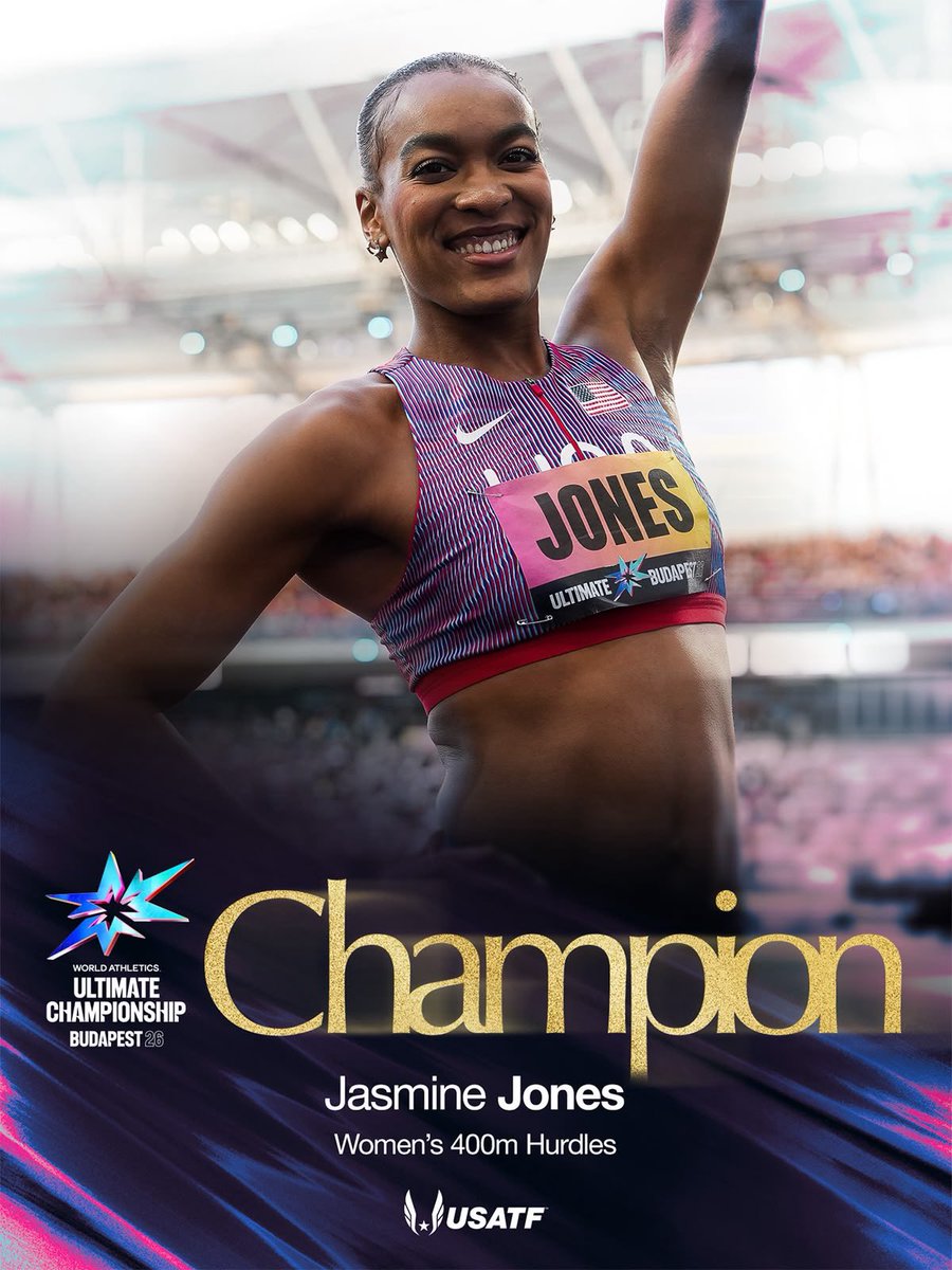usatf's tweet photo. A world-leading statement from Jasmine 🌎🔥  Jasmine Jones delivers when it matters most, storming to a WORLD LEAD 52.46 to win the women’s 400m hurdles and claim the World Ultimate title. 🏆🇺🇸

#TeamUSATF | @WAultimateChamp https://t.co/pJSZNMPR6S
