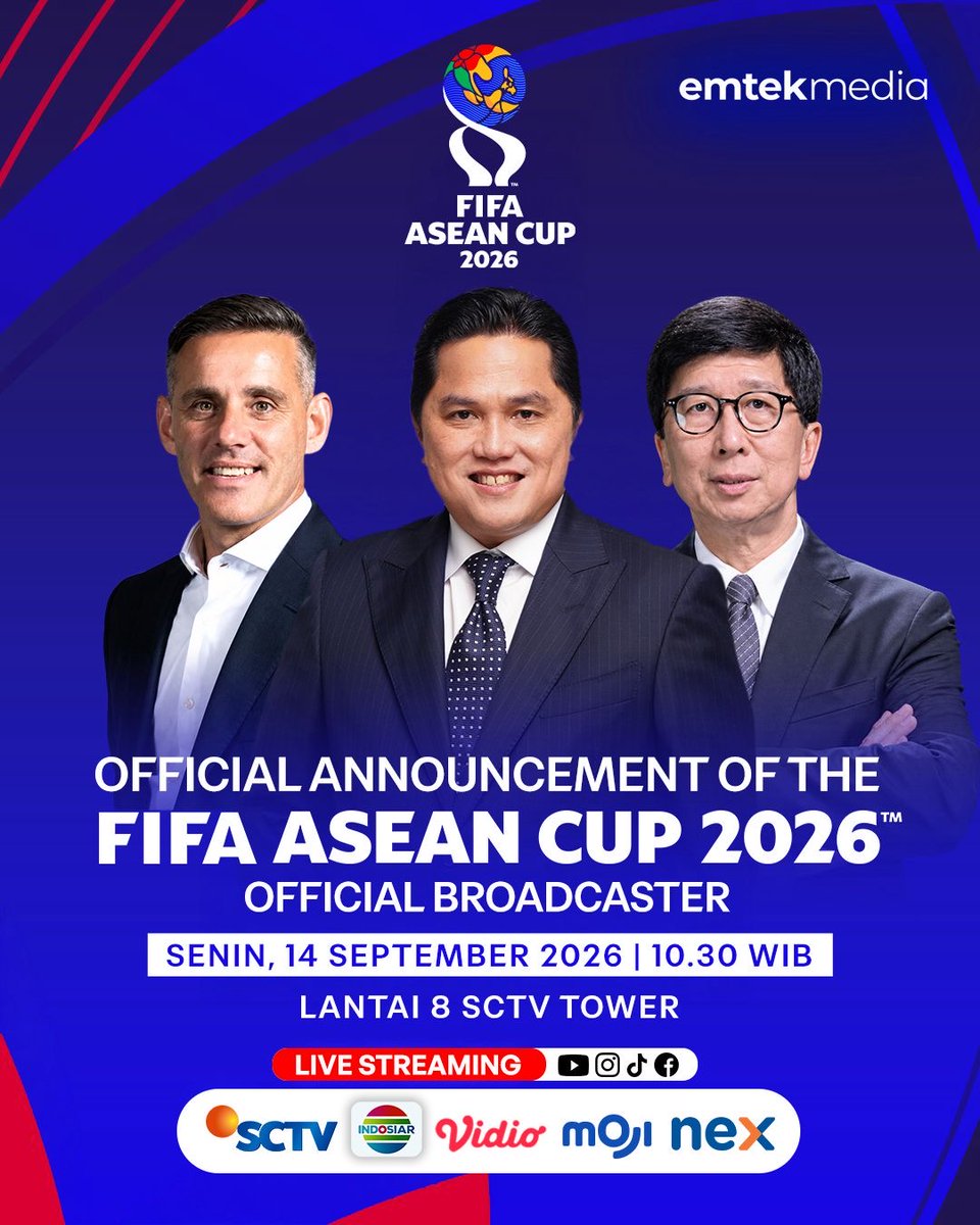 mojiupdates's tweet photo. Siap-siap buat FIFA ASEAN Cup 2026β’! π€©
Emtek Media bakal mengumumkan official broadcaster resminya!
π
Senin, 14 September 2026
β° 10.30 WIB
π» Saksikan LIVE STREAMING-nya!
#FIFAASEANCup2026 #EmtekGroup #OfficialBroadcaster #Mojisports #moji https://t.co/N5psrLL9Br