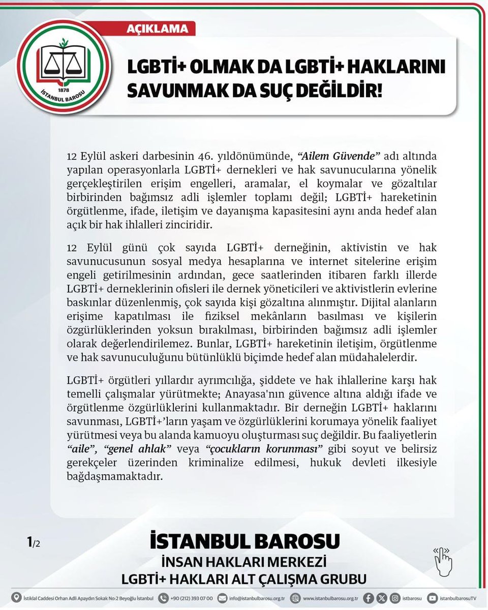 istbaroihm's tweet photo. LGBTİ+ OLMAK DA LGBTİ+ HAKLARINI SAVUNMAK DA SUÇ DEĞİLDİR! https://t.co/Fyt12U1jvR