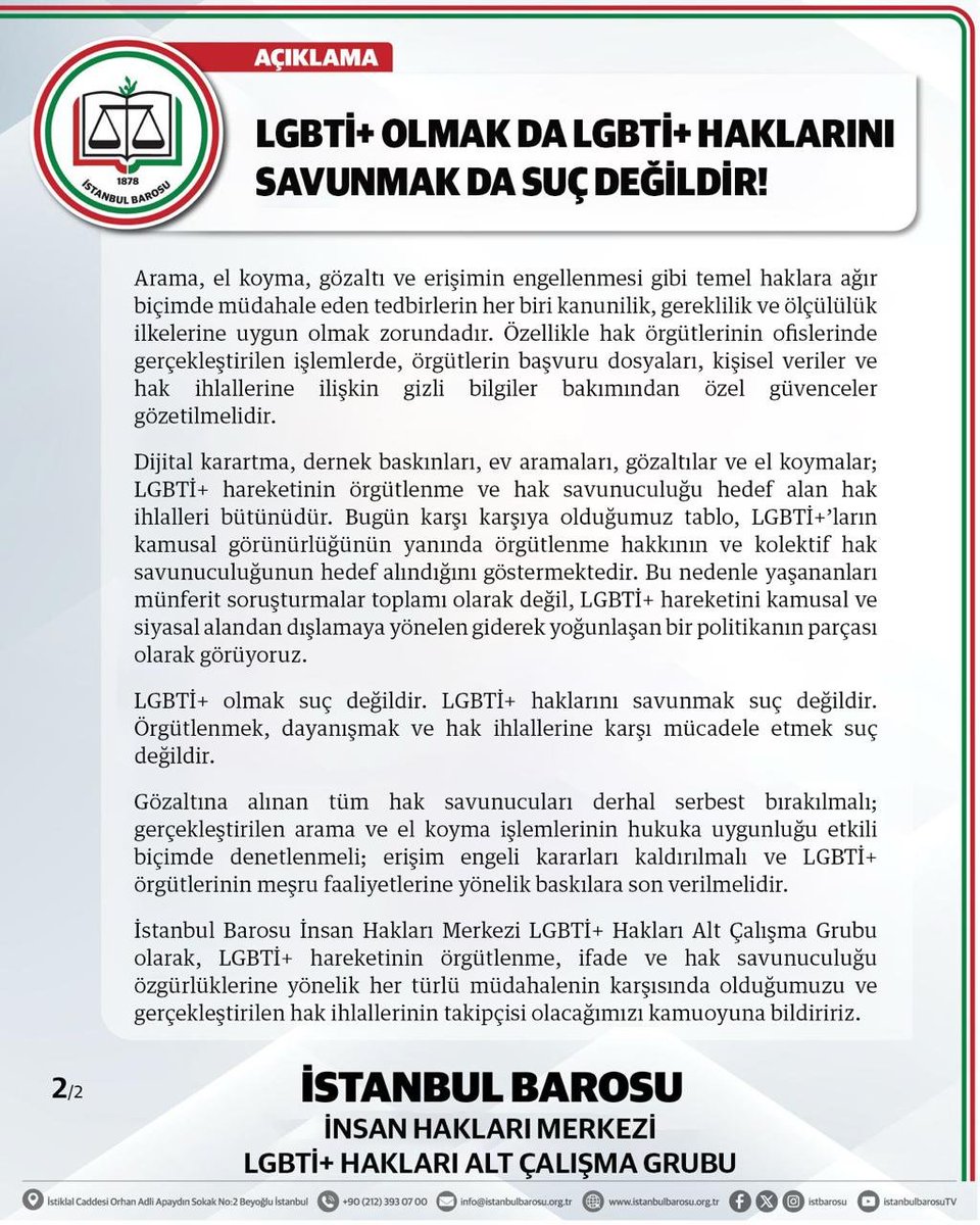 istbaroihm's tweet photo. LGBTİ+ OLMAK DA LGBTİ+ HAKLARINI SAVUNMAK DA SUÇ DEĞİLDİR! https://t.co/Fyt12U1jvR