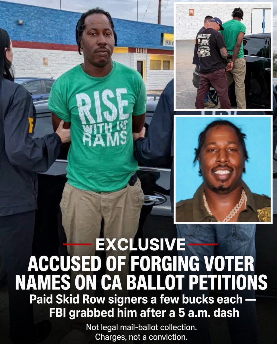 JimBobW49's tweet photo. WE ARE TOLD THIS DOES NOT HAPPEN 
“Feds arrest Victorville man accused of paying Skid Row signers to forge voter names on California ballot petitions”

James Brass, 47, known as “Lord,” was taken into custody by the FBI on September 10 after leaving his home around 4:45 a.m. Agents followed him to a gas station and arrested him about 6 a.m.

Prosecutors say Brass ran Pinnacle Brass and, with two co-defendants, used voter-roll data, paid homeless people on Skid Row a few dollars each, and had them sign initiative petitions in the names of real registered voters. 

They allege he was paid about $41,000–$41,600. Charges: conspiracy to commit identity fraud in furtherance of a state felony. Brass pleaded not guilty and was released on $10,000 bond.

This is not the same thing as California’s legal mail-ballot collection. The state does allow third parties to collect and turn in already-voted mail ballots. What is alleged here is forging signatures to help qualify ballot measures.

The exact number of fake signatures and which measures were targeted has not been publicly pinned down. That matters. So does this: if you make it easy to gather signatures for pay, and easy to hide who signed, you invite exactly this kind of scheme. Charges are not a conviction. The case should be tried in court — and California’s petition and mail-ballot rules should be tightened so “a few bucks on Skid Row” is not a business model.