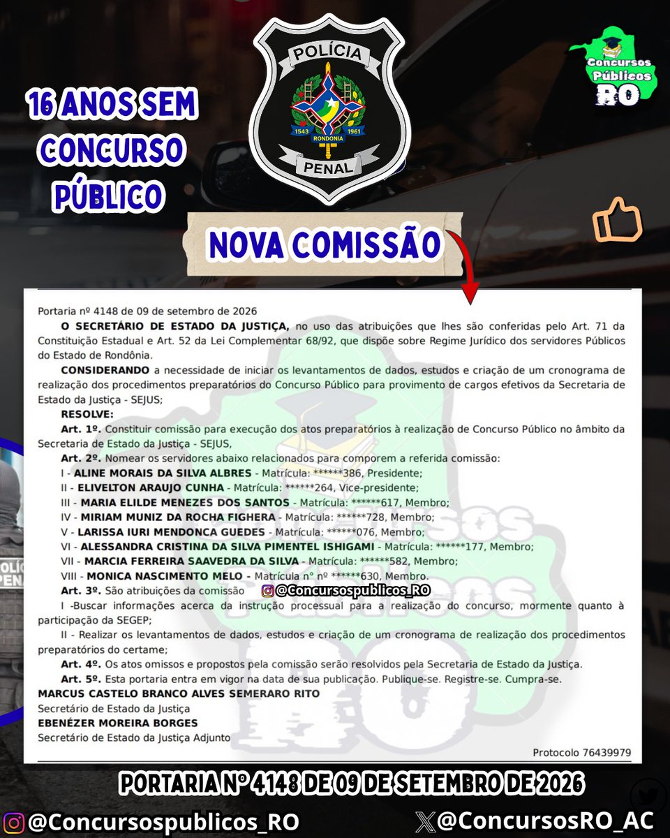 ConcursosRO_AC's tweet photo. 🚨🗞Concurso Público Policia Penal de Rondônia!👮♂️
😱Nova Comissão Formada!
🔗Detalhes⤵️
https://t.co/OPIQzeLFO1
🚀Atualizações sobre o edital, etapas e Mais!⤵️
🔗https://t.co/XVy7khkTQU
Fique ligado!
#Rondônia #Ji-Paraná #VilhenaRO #Cacoal #PimentaBueno #RolimdeMoura #Jaru https://t.co/pQvZddTuPy