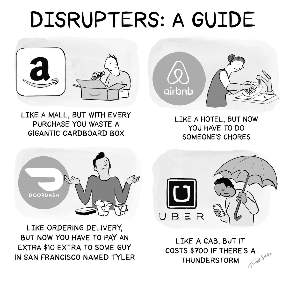TommySiegel's tweet photo. a helpful guide to tech “disrupters” I made for the New Yorker https://t.co/7QpdzOwWmW