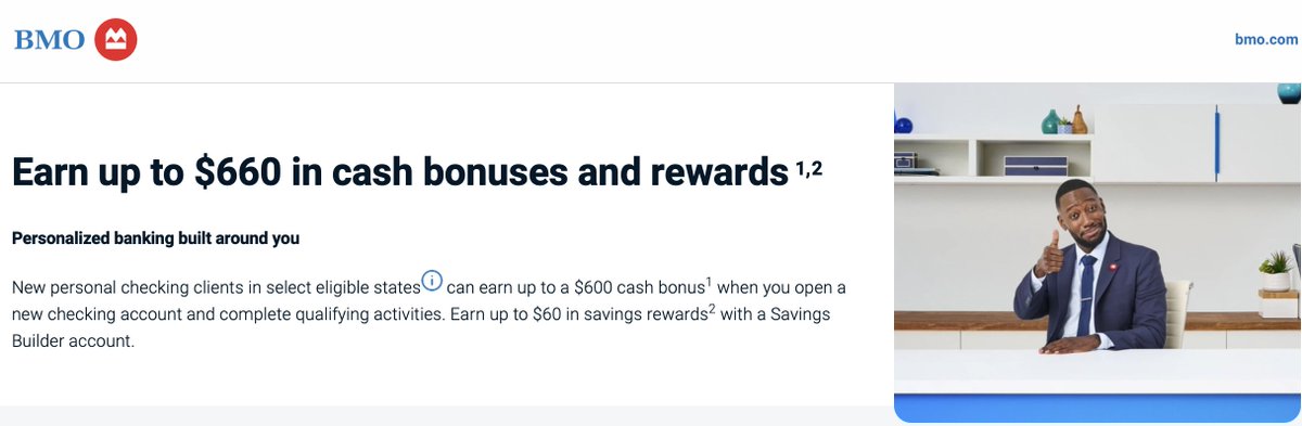 travelhacked's tweet photo. BMO is offering up to a $600 checking bonus

Earn $100/month for up to 6 months with $1,000+ in qualifying direct deposits each month. You can also earn an extra $60 by opening a savings account.

Offer ends 12/15/26