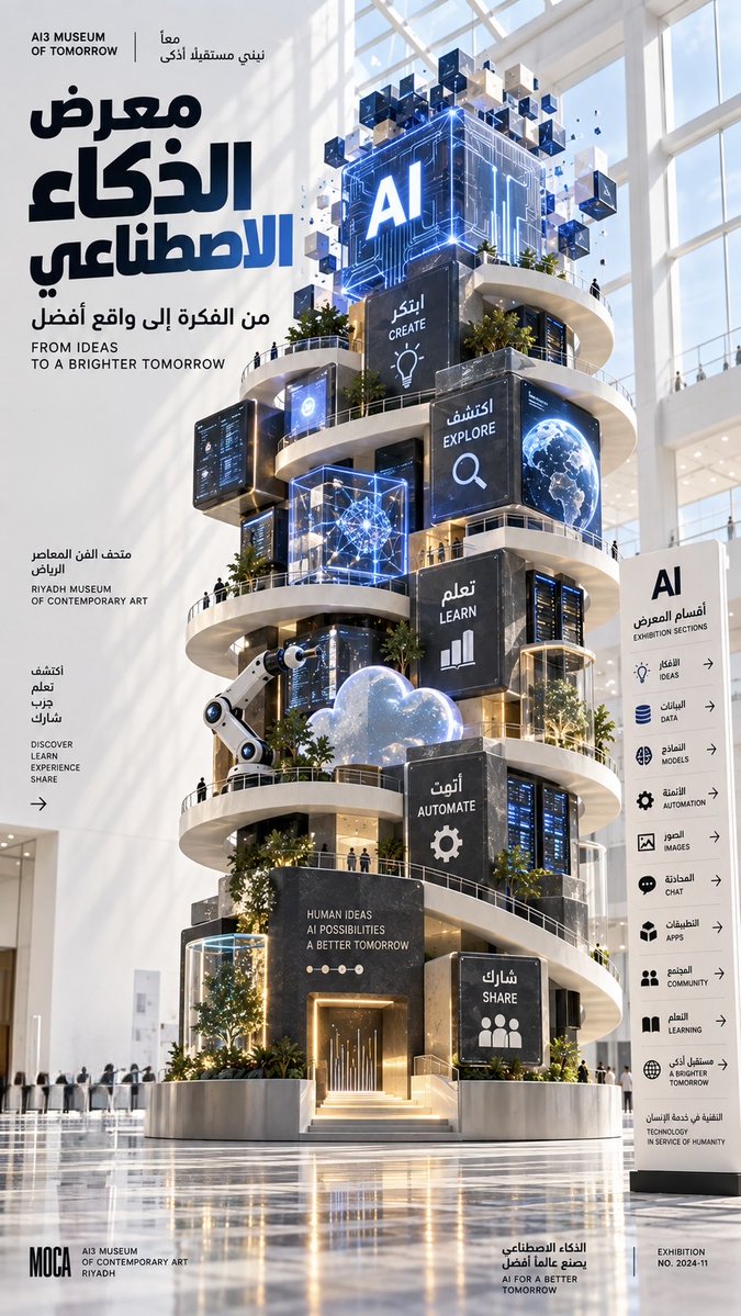 alotaibiai3's tweet photo. برومبت فكرته غريبة وحلوة جدًا 😬

تكتب له أي موضوع، وهو يحوّله إلى معرض فني ضخم داخل متحف، ويستخرج رموز الموضوع ويحوّلها إلى مجسمات وعناصر معمارية يلتف حولها مسار داخل المعرض https://t.co/K0MxkULe5c