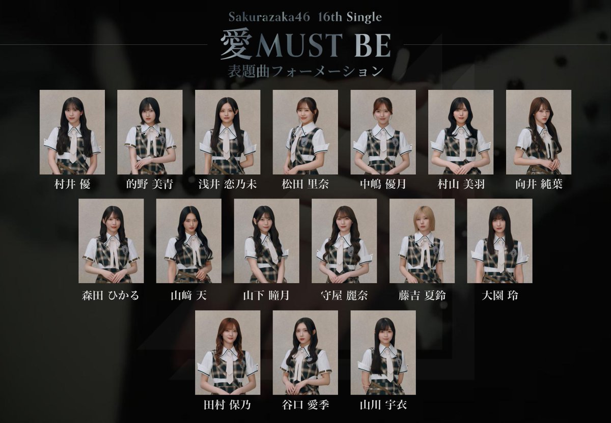 kosei_sakura46's tweet photo. Sakurazaka46 16th Single
「愛MUST BE」
表題曲フォーメーション決定！！

センター：谷口 愛季
選抜復帰：中嶋 優月、村山 美羽

#櫻坂46_愛MUSTBE
#櫻坂46 #Sakurazaka46 https://t.co/36LodPrMUk