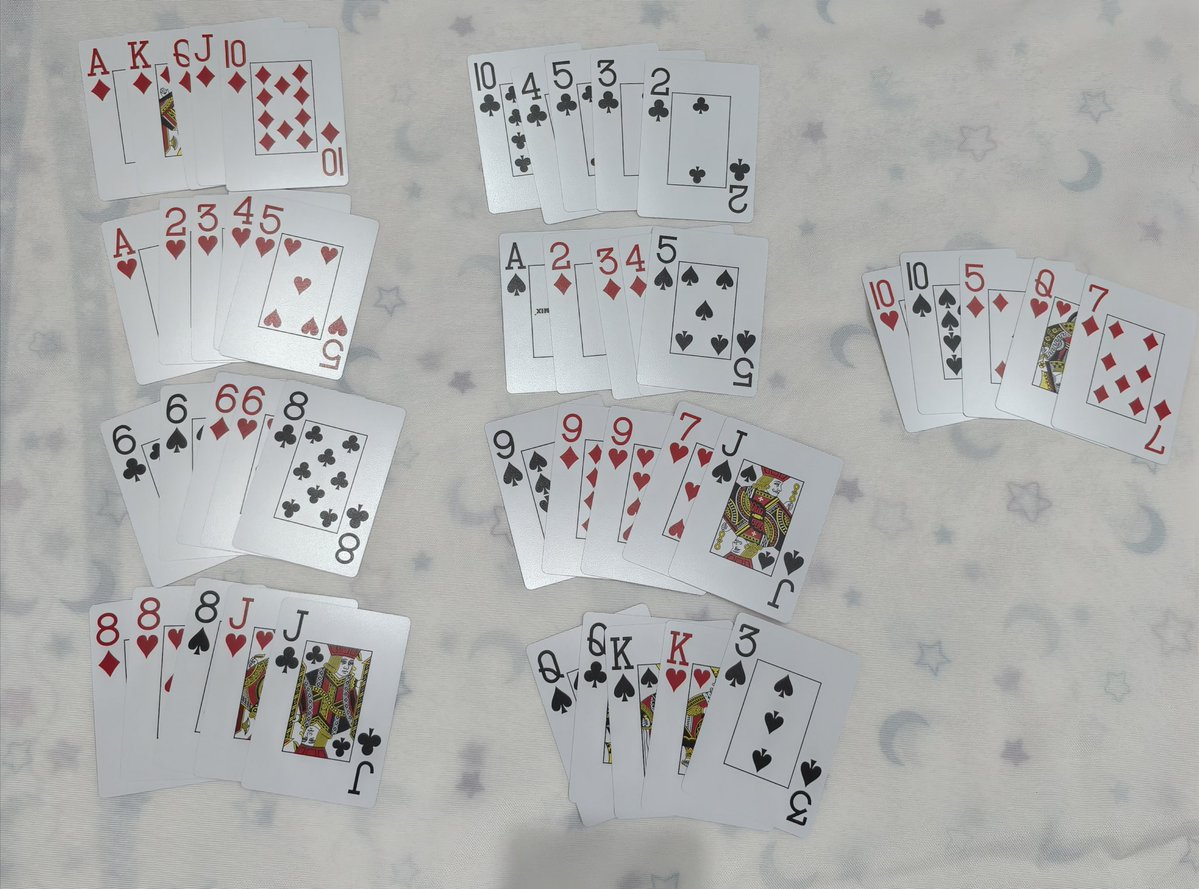 Victor_poker's tweet photo. Tried to recreate the poker hand rankings from memory 

I didn’t look at the chart — just placed the cards based on what I could remember.

Did I get anything wrong? 😂

Also, any tips or tricks for memorizing the rankings faster?#hothand #poker #Formula1 https://t.co/uWJSMTjuj6