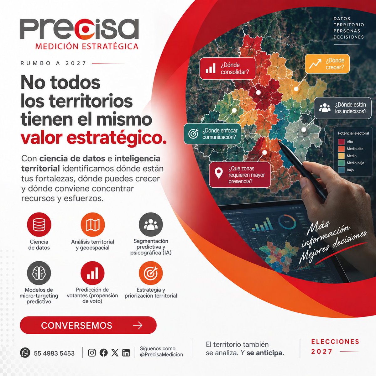 PrecisaMedicion's tweet photo. El territorio electoral ya no se analiza solamente con mapas. Ciencia de datos, IA, segmentación predictiva y modelos de propensión permiten identificar patrones e intenciones.
Precisa convierte datos+territorio+opinión en inteligencia para decidir.
#Elecciones2027 #DataScience https://t.co/yfafCQROAI