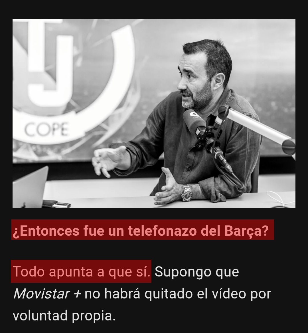 HdeHelena_RM's tweet photo. 1️⃣ LaLiga de Tebas censuró preguntas sobre el caso Negreira en un acto.

2️⃣ Juanma Castaño desliza que el vídeo de Rodri menospreciando al Valencia fue borrado de redes sociales por orden del Barça.

"Si generas animadversión grave con el Barça, a lo mejor alguien pensó que se pierde más que se gana con el vídeo y lo borró".

Enric Rojas, jefe de deportes de Movistar+, es un "culé hasta la médula" y exsocio de Gerard Piqué.

Está todo podrido.