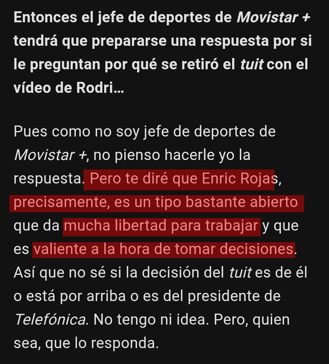 HdeHelena_RM's tweet photo. 1️⃣ LaLiga de Tebas censuró preguntas sobre el caso Negreira en un acto.

2️⃣ Juanma Castaño desliza que el vídeo de Rodri menospreciando al Valencia fue borrado de redes sociales por orden del Barça.

"Si generas animadversión grave con el Barça, a lo mejor alguien pensó que se pierde más que se gana con el vídeo y lo borró".

Enric Rojas, jefe de deportes de Movistar+, es un "culé hasta la médula" y exsocio de Gerard Piqué.

Está todo podrido.