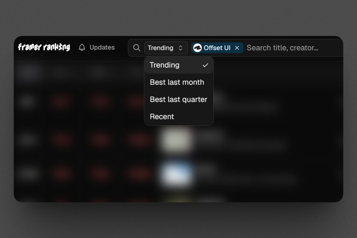 offsetui's tweet photo. I just found out the "Recent" feed is also ranked, so I added it to https://t.co/PGwPb3GSc3

Framer updates all these feeds hourly. To save resources, we have following schedule:

Trending: every 5 hours
Best Last Month / Quarter / Recent: every 24 hours https://t.co/cGWO261Lsn