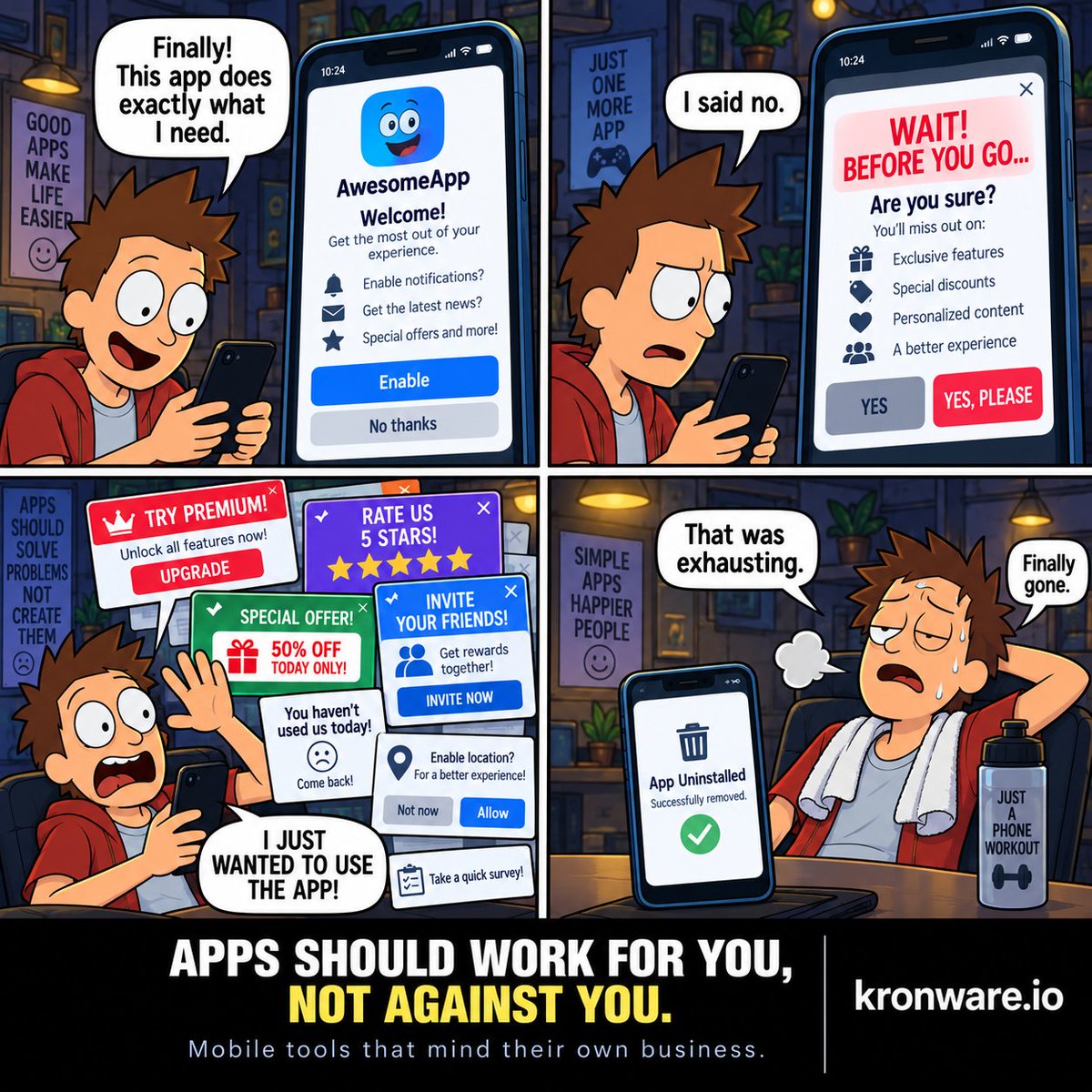 kronwareio's tweet photo. Another day, another app that just won’t leave you alone. 😂

Apps should work for you, not against you.

Check out https://t.co/d5v8RZXL0Z: https://t.co/2cp5RgoKsV

#Tech #Apps #Privacy #MobileApps #Kronware https://t.co/Uof8Cy0iX0