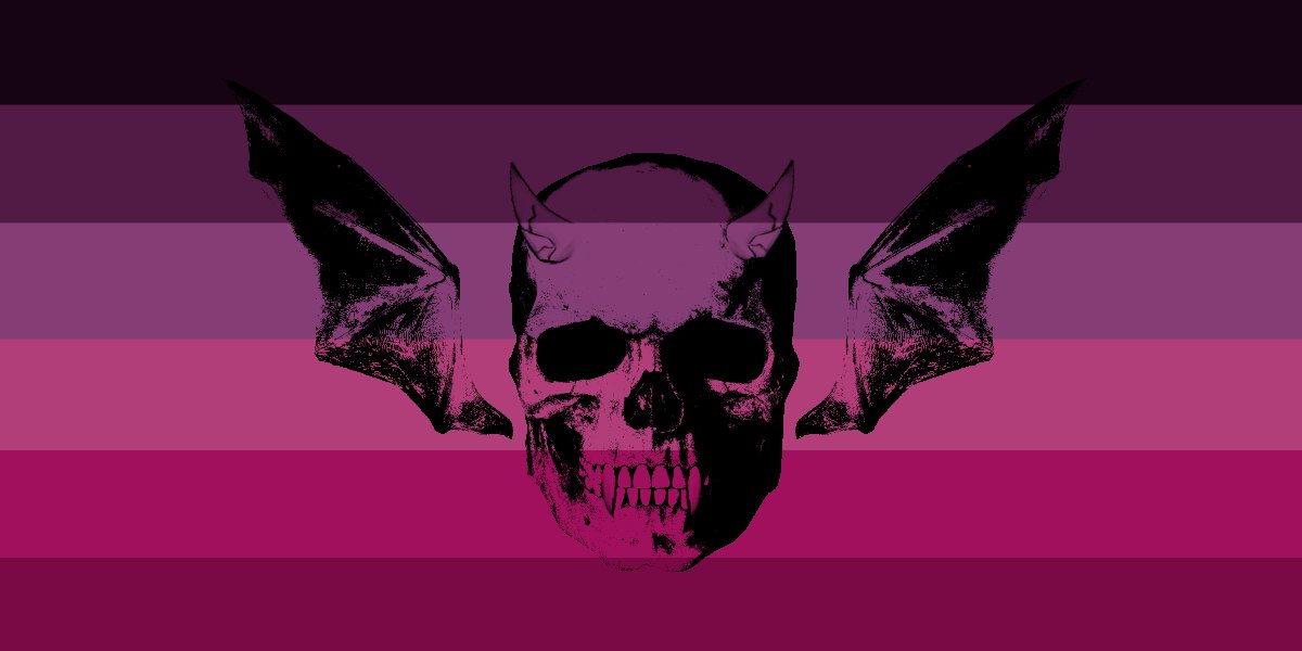 RosieePeetals's tweet photo. Ok, fangs got most of the vote for an updated skull, but horns ended up looking super good so HERE'S THE UPDATED SKULL SYMBOL FOR THE GOTH LESBIAN FLAG!!!! YAYYY

#goth #lesbian #prideflag https://t.co/H7JIyfgfGR