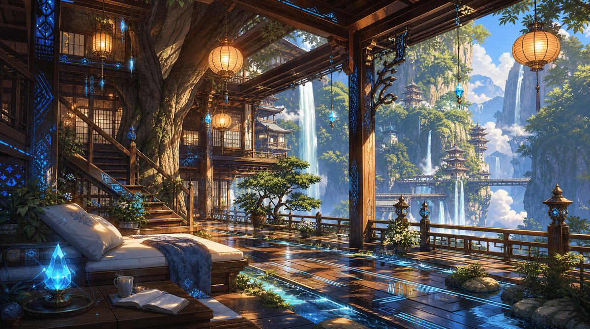 LofivibesbyGZU's tweet photo. Halfway between a home and a hidden sanctuary—warm lanterns overhead, cool magic beneath your feet, and waterfalls turning the distant mountains into the perfect soundtrack. 🌿💧✨

#AnimeArt #FantasyArt #DigitalArt #CozyFantasy #JapaneseFantasy https://t.co/cFd8dJ63NZ