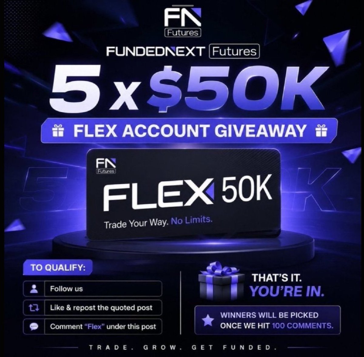 X_alphatrader's tweet photo. 🎁 FUNDEDNEXT 5 × $50K FLEX ACCOUNT GIVEAWAY

We’re giving away 5 × $50,000 Flex Accounts 🚀

To qualify:

✅ Follow us 
✅ Like &amp; repost the quoted post
✅ Comment “Flex” under this post

🏆 Winners will be picked once we hit 100 comments. https://t.co/6gLSyMCmkB