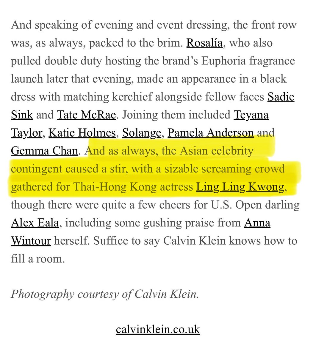 KMayaKwangbae's tweet photo. 10 Magazine: And as always,the Asian celebrity contingent caused a stir, with a sizable screaming crowd gathered for Thai-Hong Kong actress LingLing Kwong
เสียงกรี๊ดแฟนๆที่ไปรอซัพพอร์ตพี่หลิง ดังจริงๆ😭👏🏻

#LinglingkwongxCalvinklein #CalvinKleinSS27 #NYFW  
#LinglingKwong https://t.co/GEF2yqjNoN
