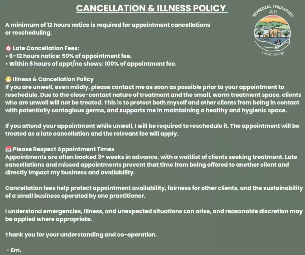 CodiRoshiam5a's tweet photo. Reminder: if you’re unwell or unable to attend, please reschedule your massage appointment. Even mild symptoms require postponement to protect clients, therapist, and availability. Thank you for your understanding. https://t.co/0uQdFU3vVo