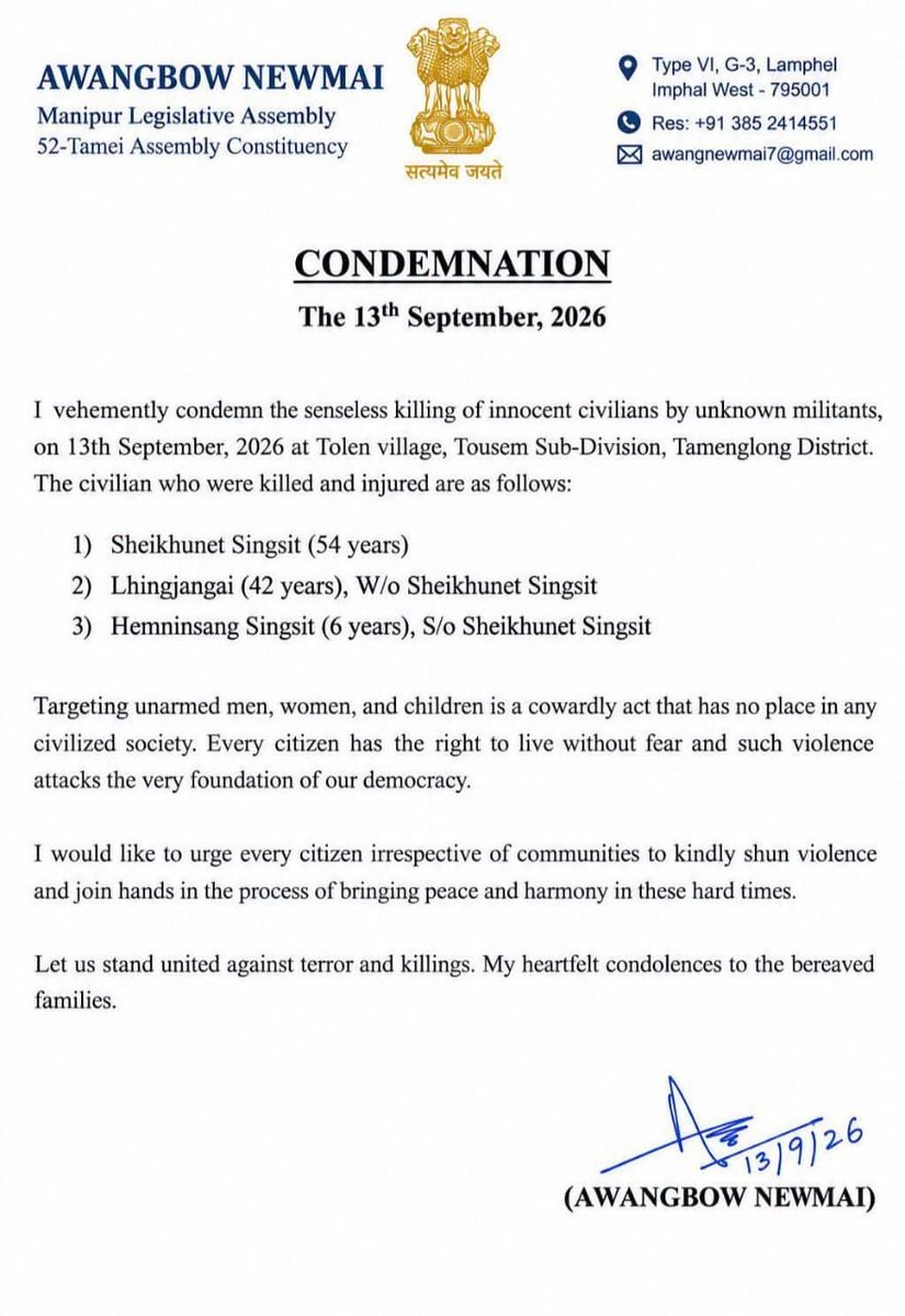 DynastyDoungel's tweet photo. Shri Awangbow Newmai, MLA 
President, Naga People's Front ( NPF-Manipur). 

It is within my knowledge that your elevation to the present position was forcefully secured through the patronage of the Tangkhul-led NSCN-IM, notwithstanding the fact that you do not enjoy the confidence of the electorate of your constituency on account of rampant corruption.

I am further given to believe that the captioned condemnation letter, which is seemingly an exercise in shedding crocodile tears, has been drafted by a staff member in your office who maintains close proximity with the Tangkhul-led NSCN-IM and the ZUF-Kamson group — the groups responsible for the brutal murder of unarmed innocent civilians, including women, children, and elderly persons, at L. Tollen and Longpi villages today.

In future, you are requested to ensure that the names of the victims are spelled correctly, if only as a mark of basic respect. In the absence thereof, such condemnation is entirely unwarranted. Your true credentials are well known to the public.

@AwangbowNewmai @KhashimVashum @ErKeishing @Ahempanmei2 @LDikho51792 @YKhemchandSingh @KonthoujamG @LokBhavManipur @BhallaAjay26 @manipur_police @TheSangaiExpres @PoknaphamNews @meiteiheritage @koubru_lakpa @Paari_Athouba @laimacha @Nagaland_India @Nagaland_Post @NagalandPage @morungexpress05 @MorungExpress @tangkhulnews @rlungleng @Khanuithot_Khon @UNCNaga @UNC_Naga @UNCNaga @PMOIndia @HMOIndia @NIA_India @CBIHeadquarters @narendramodi @AmitShah @nitin_gadkari @JPNadda @tarunchughbjp @rajnathsingh @himantabiswa @PIBHomeAffairs @MIB_India @BDUTT @vijaita @TanushreePande @ShashiTharoor @virsanghvi @KaranThapar_TTP @NELiveTV @republic @themojostory @TimesNow
