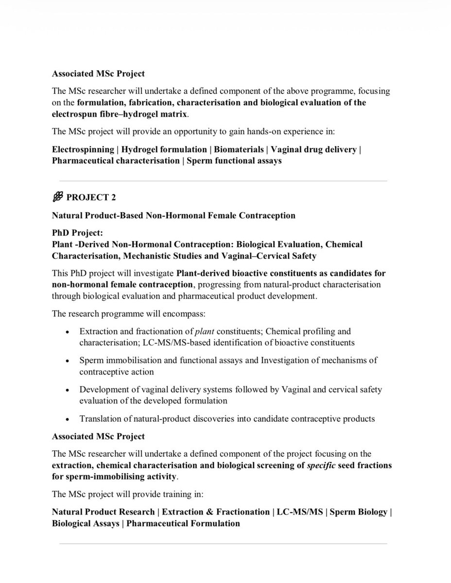 9starPharmacist's tweet photo. For those looking to take the next step in research, here is one opportunity worth putting on your radar.

The University of Lagos is currently offering fully funded PhD and MSc research positions in the laboratory of Prof. Margaret Ilomuanya.

The available research opportunities are centred around non-hormonal contraception and advanced vaginal drug-delivery systems, with projects spanning pharmaceutical formulation, biomaterials, natural products, reproductive biology, analytical science, and translational research.

The work is particularly focused on developing new contraceptive technologies with potential application in Africa and other resource-limited settings.

There are four openings:
• 2 fully funded PhD positions • 2 MSc research positions

For the PhD positions, the package includes tuition, research funding, and a monthly salary. 

Selected candidates may also have opportunities for research experience in international laboratories.

Deadline: 30 November 2026

This may be particularly relevant to Pharmacists, PharmD graduates, and researchers interested in pharmaceutical sciences, drug delivery, reproductive health, or related areas.

If this sounds relevant to someone you know, please consider sharing it with them.
@el_bonga @YP_Nigeria 

#PhD #MSc #ResearchOpportunities #UniversityOfLagos #WomensHealth #PharmaceuticalResearch #DrugDelivery #Contraception #Research