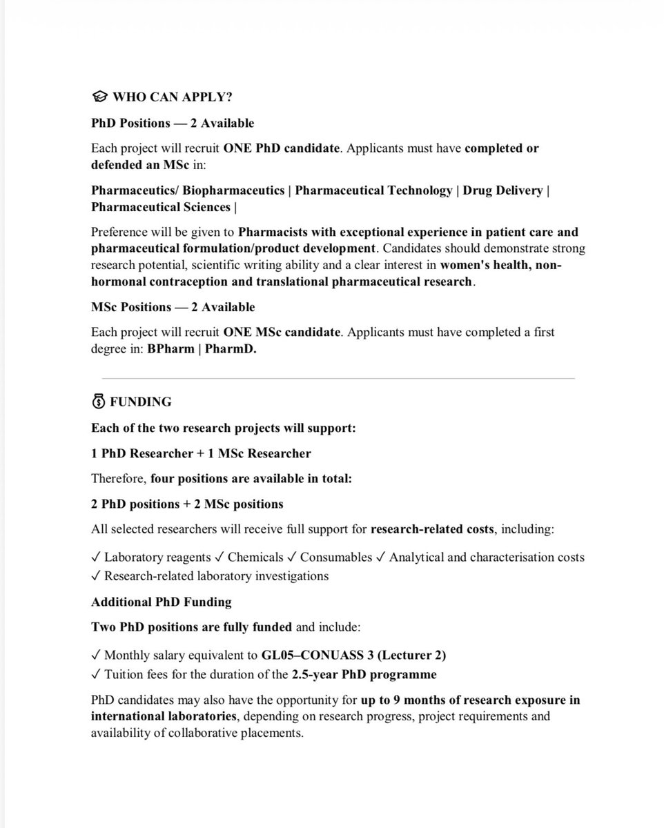 9starPharmacist's tweet photo. For those looking to take the next step in research, here is one opportunity worth putting on your radar.

The University of Lagos is currently offering fully funded PhD and MSc research positions in the laboratory of Prof. Margaret Ilomuanya.

The available research opportunities are centred around non-hormonal contraception and advanced vaginal drug-delivery systems, with projects spanning pharmaceutical formulation, biomaterials, natural products, reproductive biology, analytical science, and translational research.

The work is particularly focused on developing new contraceptive technologies with potential application in Africa and other resource-limited settings.

There are four openings:
• 2 fully funded PhD positions • 2 MSc research positions

For the PhD positions, the package includes tuition, research funding, and a monthly salary. 

Selected candidates may also have opportunities for research experience in international laboratories.

Deadline: 30 November 2026

This may be particularly relevant to Pharmacists, PharmD graduates, and researchers interested in pharmaceutical sciences, drug delivery, reproductive health, or related areas.

If this sounds relevant to someone you know, please consider sharing it with them.
@el_bonga @YP_Nigeria 

#PhD #MSc #ResearchOpportunities #UniversityOfLagos #WomensHealth #PharmaceuticalResearch #DrugDelivery #Contraception #Research