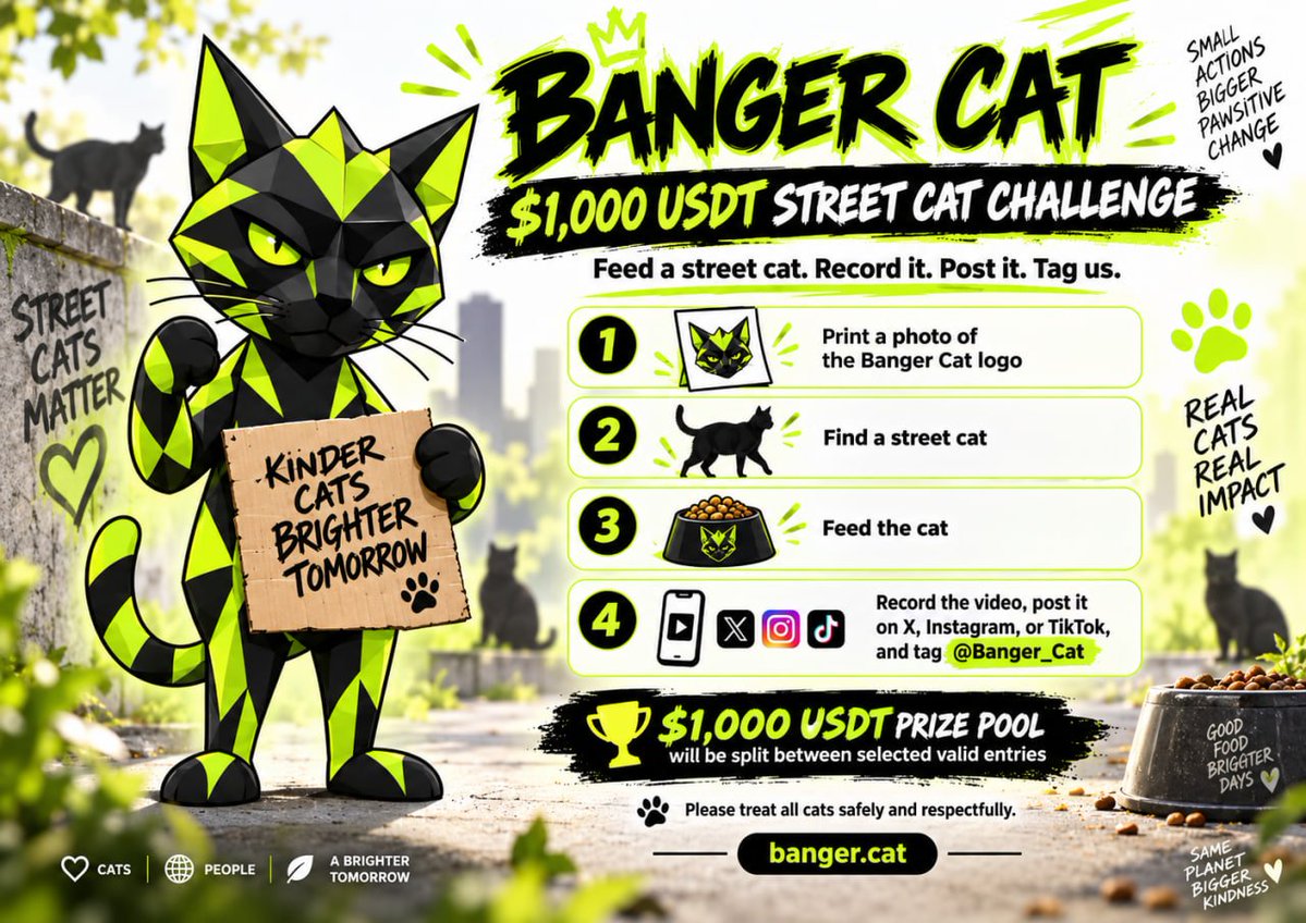 Banger_Cat's tweet photo. 🐱 BANGER CAT -  $1,000 USDT STREET CAT CHALLENGE

We’re giving away $1,000 USDT to people who help feed street cats and spread the Banger Cat mission.

To participate:

1- Print a photo of the Banger Cat logo
2- Find a street cat that needs food
3-  Feed the cat
4- Record the full moment on video
5- Post the video on X, Instagram, or TikTok
6- Tag our official account and mention Banger Cat

Your video should clearly show:

The Banger Cat logo
The street cat
You giving the cat food
The cat eating

We’ll select multiple participants and split the $1,000 USDT prize pool between the best valid entries.

Real actions. Real cats. Real impact. 🐾

Please treat the cats safely and respectfully. Do not chase, grab, frighten, or force-feed any animal.