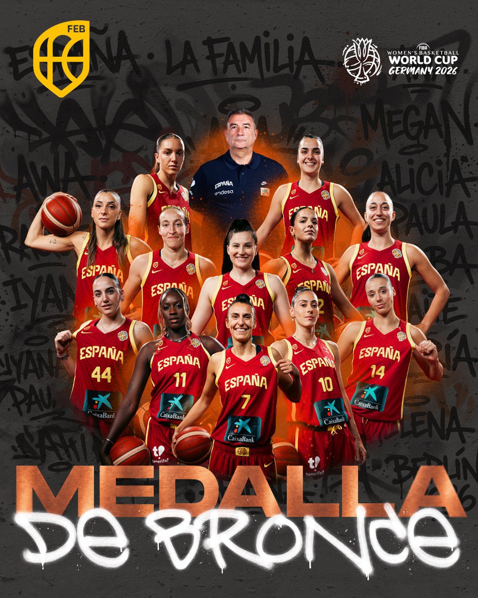ACBCOM's tweet photo. 🥉 Una MEDALLA DE BRONCE... para un 𝙚𝙦𝙪𝙞𝙥𝙤 𝙙𝙚 𝙤𝙧𝙤.
Una merecidísima medalla con la que siguen llevando al baloncesto español a lo más alto.
¡Enhorabuena, #SelFEM🇪🇸!
¡Enhorabuena, @BaloncestoESP! 👏 https://t.co/eoNysLhdSY