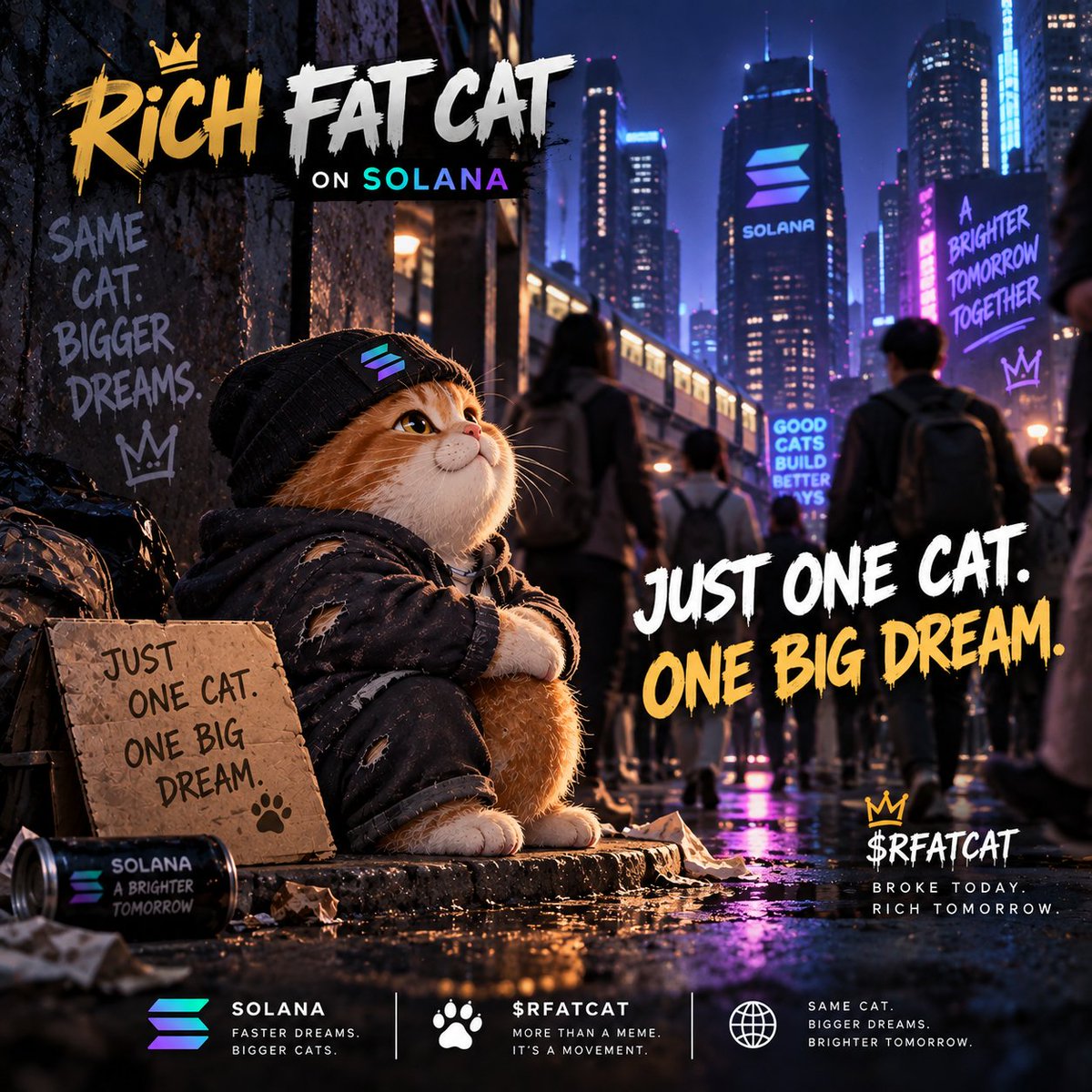 RichFatCatonSol's tweet photo. Just one cat.
No team.
No mansion.
No millions.
Just one big dream. π±
$RFATCAT
Broke today.
Rich tomorrow.
#RichFatCat #RFATCAT #Solana #memecoin https://t.co/og1NLfrPyC