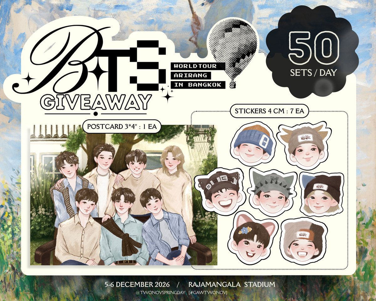 twonovspringday's tweet photo. 🪷 Give away BTS Arirang in BKK 🚏
[ #gawtwonov ]🫑💘

🏡 ꒰ 50 sets/day ꒱ 🧘🏻‍♀️
✿ BTS postcard 1 ea.
✿ bang ๆ stickers 7 ea.

date: 5-6 dec 2026 
location: Rajamangala National Stadium 
time: tba

✺ rt &amp; show this tweet !

#BTS_WORLDTOUR_BANGKOK #BTS_WORLDTOUR_ARIRANG_BANGKOK https://t.co/PExuYFePpS