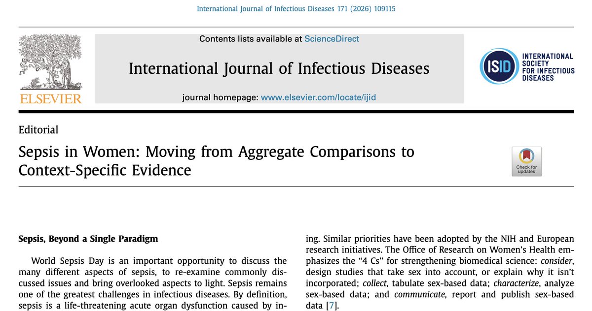 drztufan's tweet photo. Happy to share our editorial for #WorldSepsisDay: Sepsis in Women: Moving from Aggregate Comparisons to Context-Specific Evidence.
We highlight why sex-specific, context-sensitive evidence is essential to improving sepsis research and care. #IJID #ISID
https://t.co/0UBI59D37I https://t.co/j14UpdXbEb