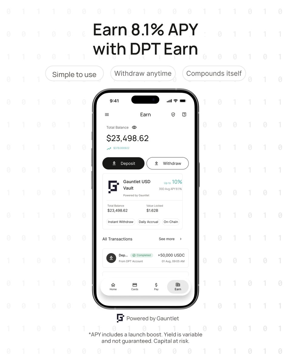 DptPay's tweet photo. Earn 8.1% APY with DPT Earn 📈

No lockups. Auto-compounding. Withdraw anytime.
One tap to start — the vault strategy is managed by a professional risk team. 
No hassle, and your money works while you sleep.
Update to the latest version: https://t.co/1diNzqCPQF

*APY includes a launch boost. Yield is variable and not guaranteed. Capital at risk.
#DPT #Earn #DeFi