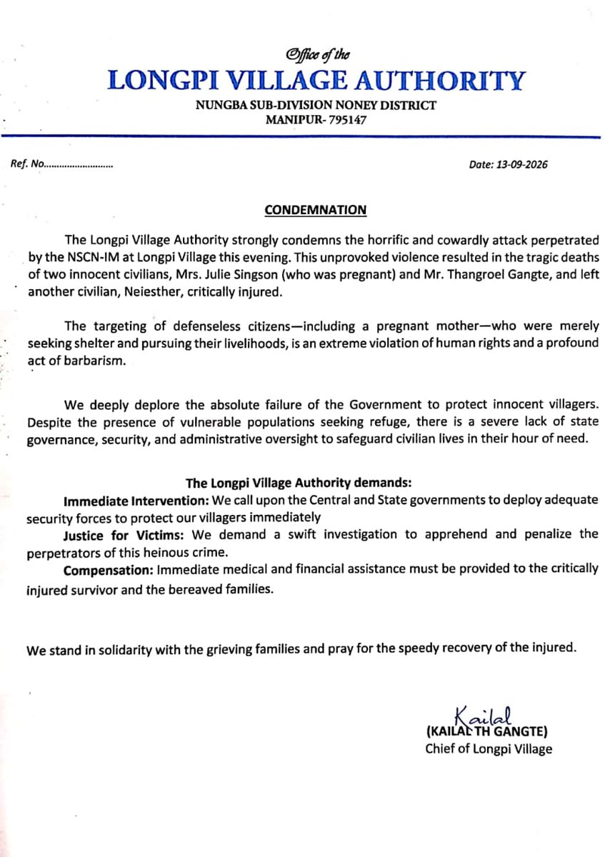 KSO_CCPur's tweet photo. The Longpi Village Authority condemns NSCN-IM's barbaric attack killing two innocent civilians- Julie Singson,a pregnant mother &amp; Thangroel Gangte - leaving one critically wounded.

This cycle of violence against innocent Kuki civilians must end.
Enough is enough!!
@NIA_India https://t.co/aLhkzJUXkr