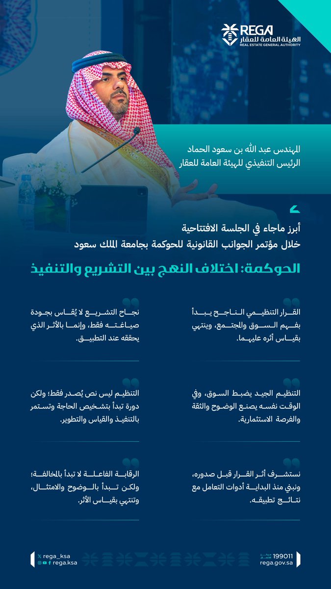 REGA_KSA's tweet photo. الرئيس التنفيذي لـ #هيئة_العقار، م. عبدالله الحماد خلال جلسة الحوكمة: اختلاف النهج بين التشريع والتنفيذ، ضمن أعمال مؤتمر الجوانب القانونية للحوكمة بجامعة الملك سعود @_KSU https://t.co/JGRlvxrO7M