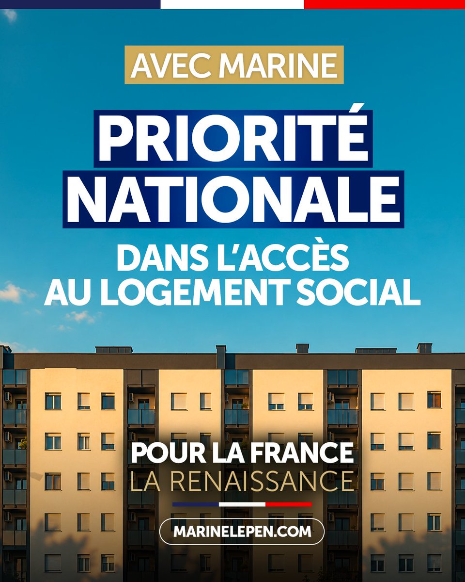 RNational_off's tweet photo. 🔵 Avec @MLP_officiel, la priorité nationale dans l’accès au logement social sera instaurée !

70 % des Français sont éligibles, mais seulement 11 % en bénéficient : nous mettrons fin à cette situation inacceptable afin que la solidarité nationale bénéficie d’abord aux Français confrontés à la précarité et aux difficultés de logement.

🇫🇷 Pour la France, la Renaissance : rejoignez-nous ! ▶️ https://t.co/GXfyJiXZ0f