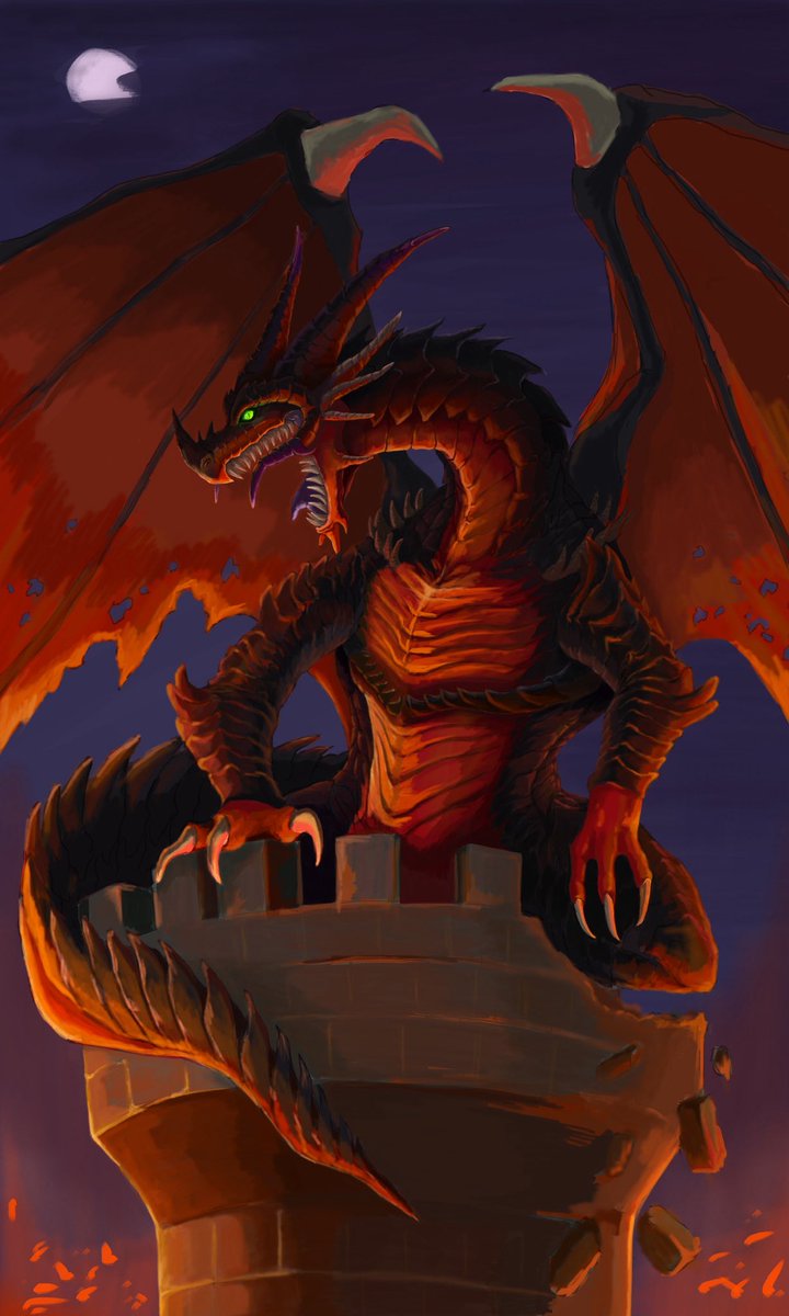 ArtOfDsK's tweet photo. Still a work in progress, but coloring is coming along. Trying to balance the heat of the burning ground below (off-frame) against the quiet cold of the night sky — warm vs cool.

#dragonart #darkfantasy https://t.co/TGURNysfyf