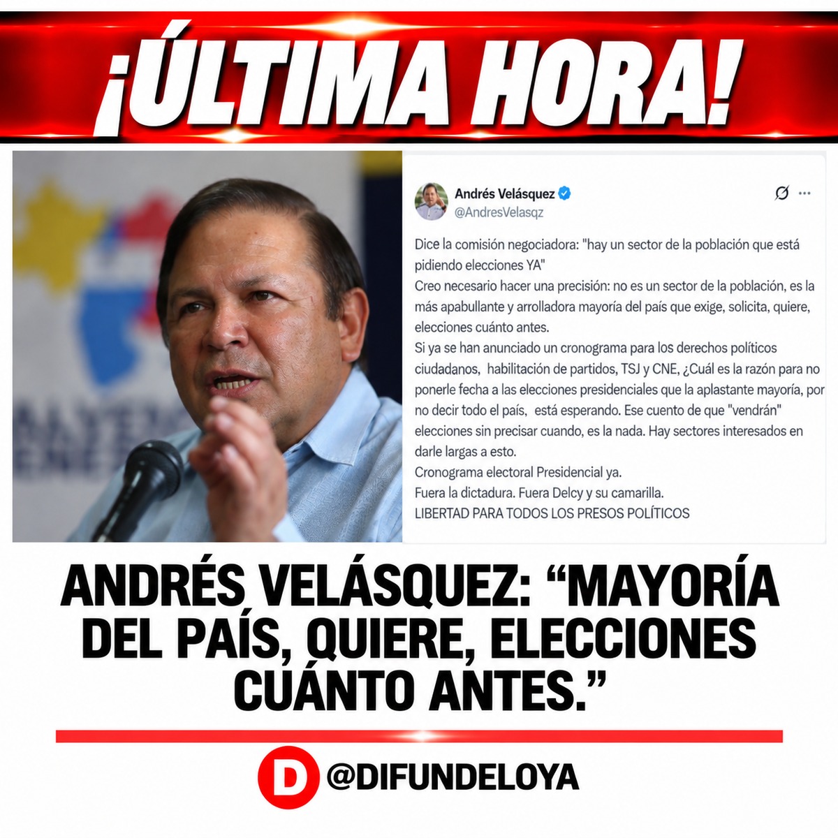 DIFUNDELOYA's tweet photo. 🚨¡ÚLTIMA HORA!🚨| Andrés Velásquez le responde a Dinorah Figuera:

"No es un sector de la población, es la más apabullante y arrolladora mayoría del país que exige, solicita, quiere, elecciones cuánto antes". https://t.co/2GhU2OM8wg