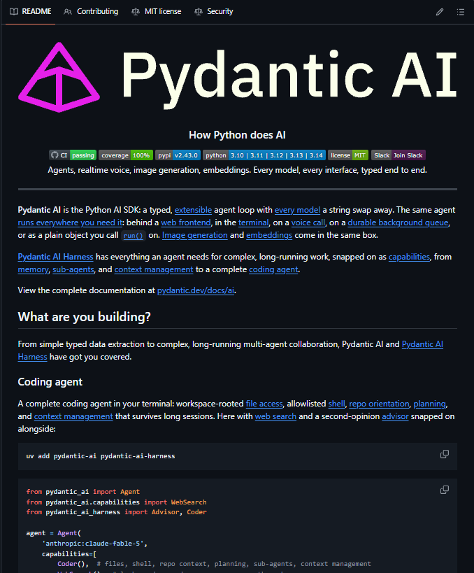 Pydantic AI README screenshot highlighting typed agents, memory, sub-agents, context management, and a coding-agent setup