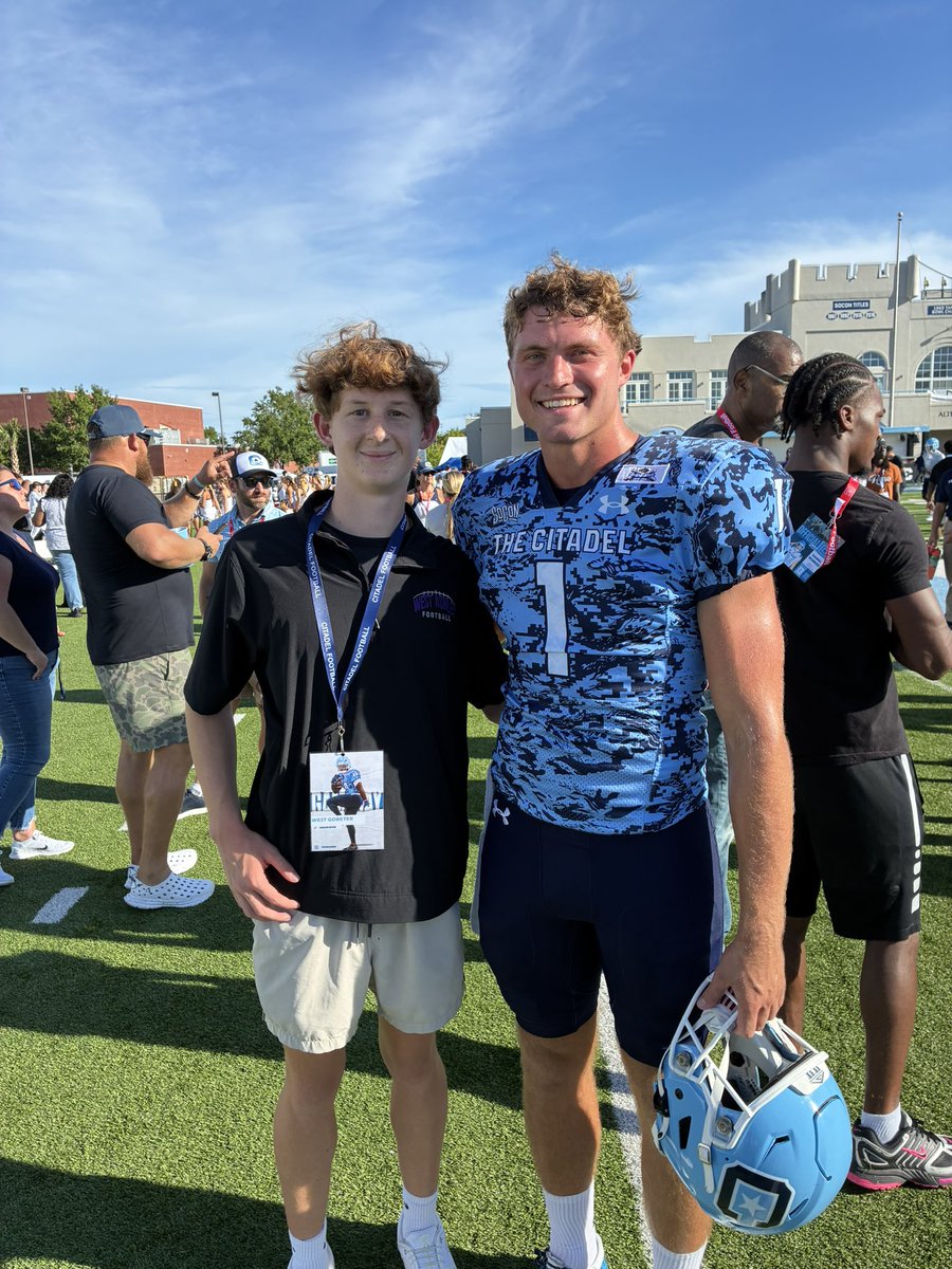 west_gotbeter's tweet photo. Game day visit @TheCitadelFB . Thank you @CoachRAPinilla and @CoachCoax17 for the game day visit.  Hope to be back on campus soon. @JackWeil_Kicker @GrahamRRashad @DanOrnerKicking https://t.co/DiOsjqAO3Y