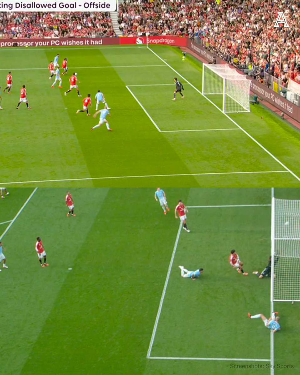 TheAthleticFC's tweet photo. Erling Haaland scores to give Manchester City the lead at Old Trafford.

His goal is initially ruled out for offside, but VAR overrules the decision and gives the goal. https://t.co/sJ0e3v0zWB