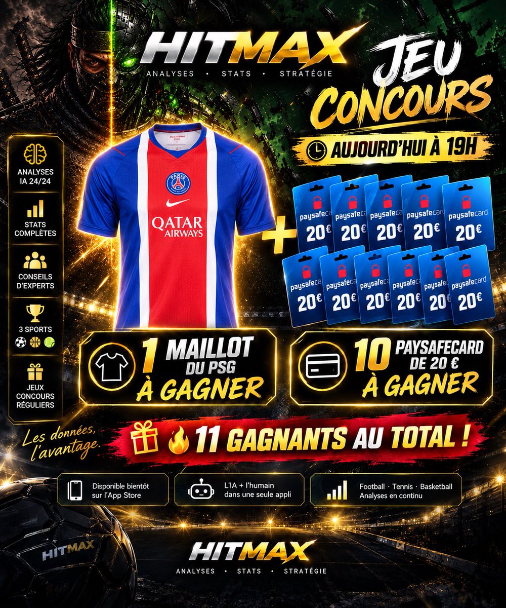 HITMAXofficial's tweet photo. 🎁 JEU CONCOURS HITMAX 🎁

👕 1 maillot de football au choix
💳 10 Paysafecards de 20 € à gagner

Pour participer 👇🏽

⚡️ Retweete ce tweet
✅ Suis @HITMAXofficial 
📸 Suis hitmax_official sur Instagram

⏱️ Tirage au sort dans 24h !

🍀 Bonne chance à tous !
#TeamParieur https://t.co/ZqNv4DakKo
