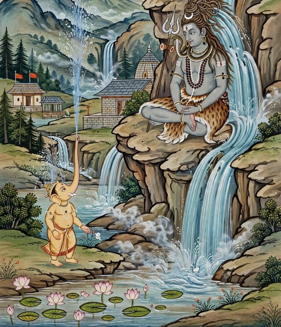 avyAjabandhu's tweet photo. My verse for GaneshacaturthI
जीयादुदस्तहस्ताग्रविकीर्णवमथूत्करः । हेरम्बोऽनुहरंश्चूडागलद्गङ्गाम्भसः पितुः ॥ - May Ganesha reign supreme. With the jet of water spouted by the tip of his upraised trunk, he imitates his father, from whose crest flow Ganga's waters. https://t.co/4nPQMqMws8