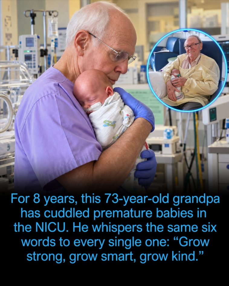 Rainmaker1973's tweet photo. Twice a week Dave Whitlow walks the figure-eight halls of the neonatal intensive care unit at the Children’s Hospital of Richmond at VCU, gowned and gloved, looking for a nurse who can spare a pair of arms. He is seventy-three, a retired city manager, a grandfather, and not a clinician. For eight years his shift has been the same: hold the babies who cannot go home yet, watch the monitors, and give them the ordinary weight of a human chest.

On an ordinary visit he may take five or six infants, some of them two pounds, and rock until the numbers on the screen settle. On a heavy day the count climbs toward eight. Before each child goes back into the crib he leans in and says the sentence he has used for years: Grow strong, grow smart, grow kind. The hospital estimates the total in the hundreds. At a reunion he has seen seven- and eight-year-olds who once fit in the crook of that same arm.

Nothing in the work replaces a ventilator or a feeding tube. What it offers is time that medicine does not bill for, warmth that does not come from an incubator, and a voice that asks nothing of a patient too small to answer. One man, two mornings, a line of six words, and a unit that has learned to use him.