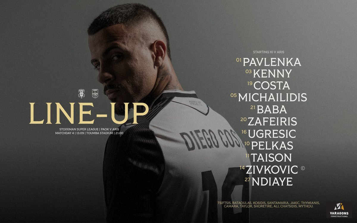 PAOK_FC's tweet photo. #Starting11 Η αρχική 11άδα της ομάδας μας για την αναμέτρηση κόντρα στον Άρη στο γήπεδο της Τούμπας. #PAOKARIS #slgr #NewEra #VaragonsConstructions https://t.co/kC10L0cTY2