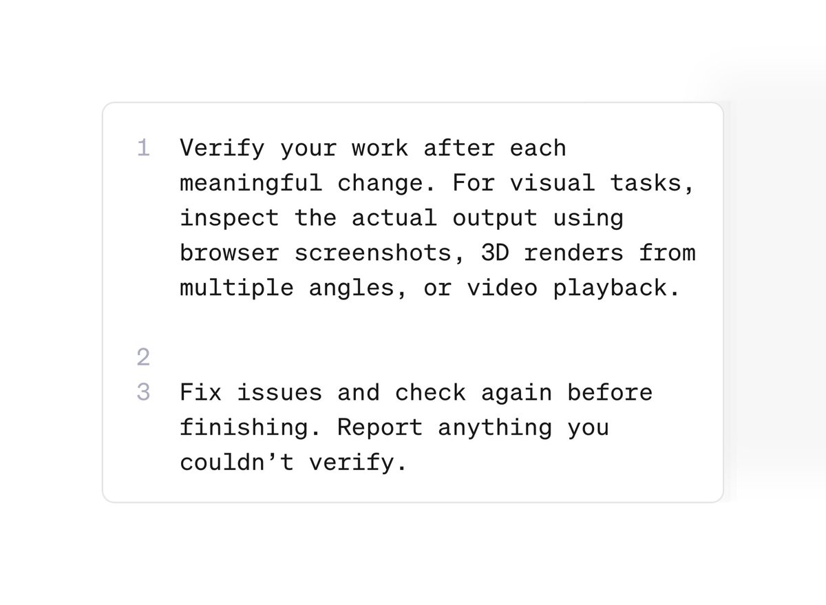 reach_vb's tweet photo. Astra tip: Ask codex/ ChatGPT work to verify its work as it goes!

Specially for visual tasks like 3D, Front End &amp; Video editing tasks it materially boosts the end artefact quality

Add this to your project agents md https://t.co/DBho5DQTrb