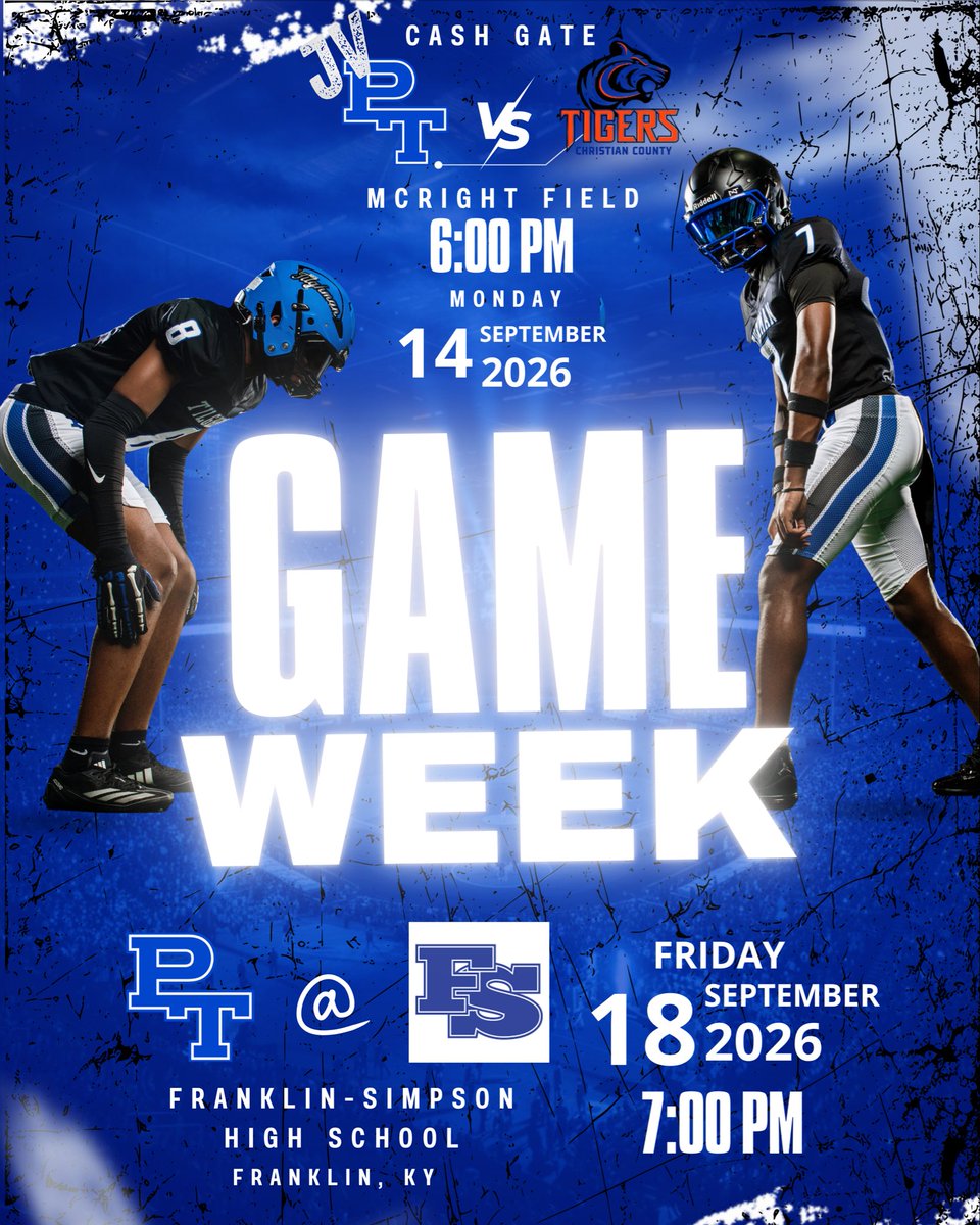 pths_football's tweet photo. THIS WEEK’S ACTION!
JV Game tomorrow at Home! 6:00 PM
This week starts a 3 week hiatus from Home as we travel to Franklin Simpson first! Hope y’all are hungry this week…#PtEats🌪️💙💪🏾 https://t.co/5gUpTS3WVD